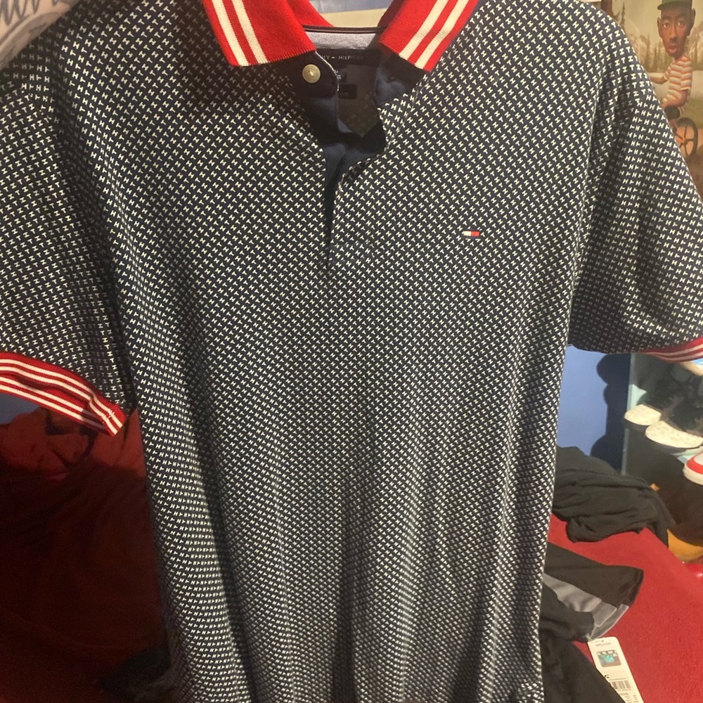 Tommy Hilfiger Navy and Red Men's Polo Shirt